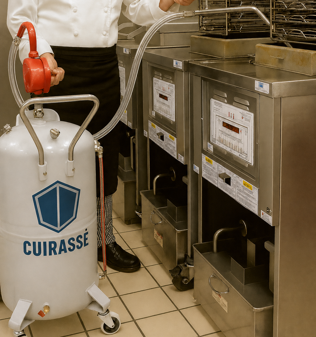 Aspirateur à huile Aspi 80 Manu Aspirateur à huile de friture. Chariot de 80 l avec pompe Manuel en train d'aspirer l'huile dans une friteuse